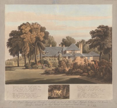 Ansicht des Häuschens von HRH Prinzessin Elizabeth in Old Windsor mit Blick auf das Mooshaus darunter von J. Clark