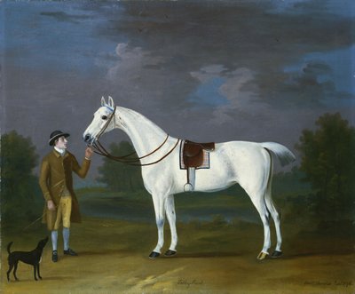 "Tabby Runt", ein grauer Jäger mit seinem Besitzer und einem Terrier in einer Flusslandschaft, 1776 von J. Francis Sartorius
