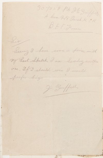Brief an den Wettbewerbsredakteur des Liverpool Weekly Courier, 1917 von J. Griffiths