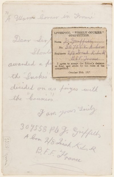 Brief an den Wettbewerbsredakteur des Liverpool Weekly Courier, 1917 von J. Griffiths