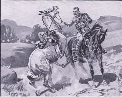 Major Brown, 14. Husaren, hält Leutnant Browns Pferd unter schwerem Beschuss, Illustration aus After Pretoria: The Guerilla War, 1902 von J. H. Thorneley
