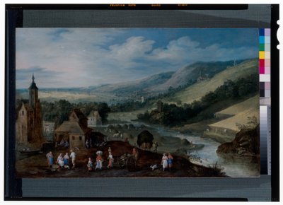 Weitläufige Flusslandschaft mit Bauern, die die Ernte einbringen von J. & Momper J. de (1564 1635) Brueghel