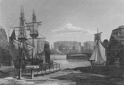 Der Eingang zu den Londoner Docks (Stich) von John Preston Neale