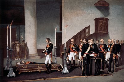 König Amadeo I. vor dem Sarg von General Prim, Gravur von J. Palacios von J. Palacios