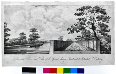 Querschnitt und Ansicht des Grand Surrey Canal und der geplanten Eisenbahn, ca. 1835 (Lithografie) von J. R. Jobbins