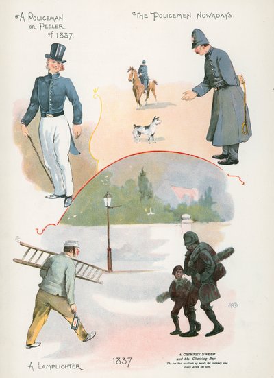 Polizist oder Peeler von 1837, Polizist heutzutage, Laternenanzünder, Schornsteinfeger von J. R. Sinclair