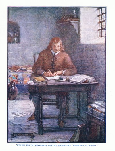 Während seiner Gefangenschaft schrieb Bunyan Die Pilgerreise, aus der englischen Literatur, veröffentlicht von T C & EC Jack, ca. 1920 von J. R. Skelton