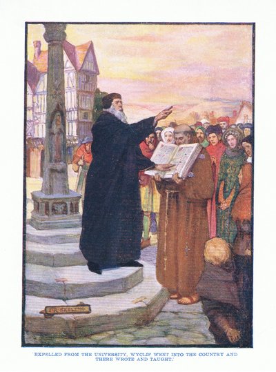 Aus der Universität vertrieben, ging Wyclif aufs Land und schrieb und lehrte dort, aus Englische Literatur, veröffentlicht von T C & EC Jack, ca. 1920 von J. R. Skelton