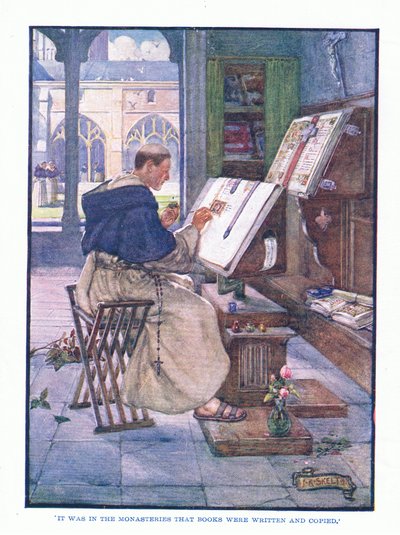In den Klöstern wurden Bücher geschrieben und kopiert, aus Englische Literatur, veröffentlicht von T C & EC Jack, ca. 1920 von J. R. Skelton