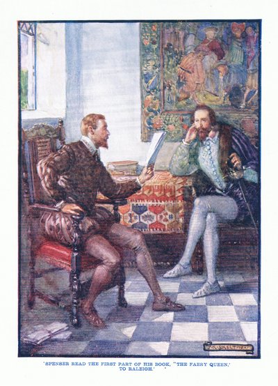 Spenser las den ersten Teil seines Buches Die Feenkönigin an Raleigh, aus Englische Literatur, veröffentlicht von T C & EC Jack, ca. 1920 von J. R. Skelton