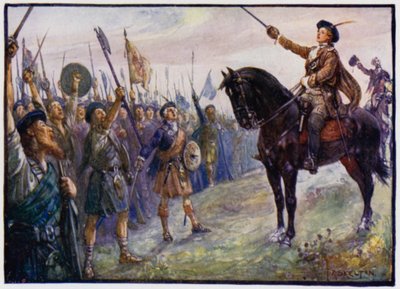 Der 25-jährige Bonnie Prince Charlie spricht zu seinen Truppen, Jakobitenaufstand von 1745 von J. R. Skelton
