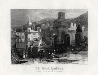 Das Ghat, Hurdwar, Hindus baden im Ganges, 19. Jahrhundert von J. Redaway