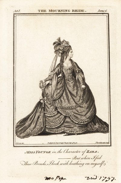 Miss Elizabeth Younge in der Rolle der Zara in William Congreves The Mourning Bride von J. Thornthwaite