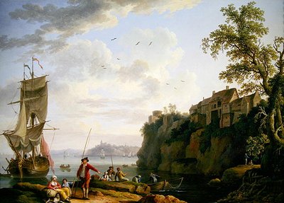Fischer bei einem vertäuten Schiff mit einem Dorf von Jacob Philippe Hackert