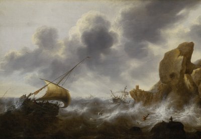 Ein Fischerboot vor einer felsigen Küste in einem Sturm mit einem Wrack, ca. 1664-65 von Jacob Adriaensz. Bellevois