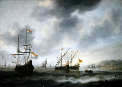 Das niederländische Flaggschiff De Roode Leeuw und zwei englische Schiffe von Jacob Adriaensz. Bellevois