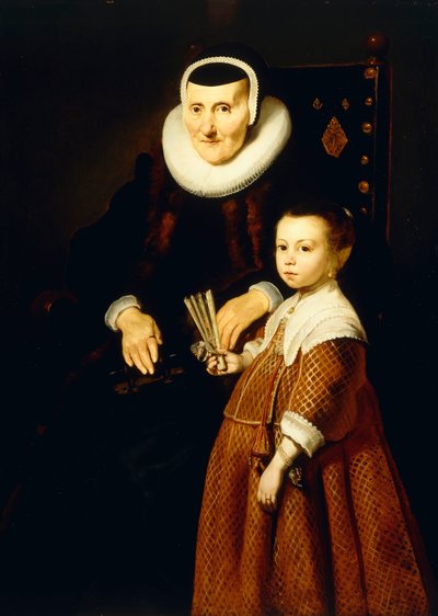 Porträt einer Dame, 80 Jahre alt, mit einem Mädchen, 6 Jahre alt, dreiviertel Länge, ca. 1632-33 von Jacob Adriensz Backer