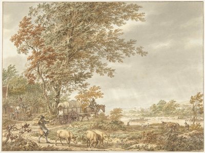 Hügellandschaft mit Schweinehirte und anderen Figuren, ein Fluss in der Ferne von Jacob  Cats