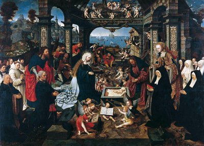 De geboorte met Margriet Dirck Boelensdr. en haar familie, de HH. Andreas en Margaretha von Jacob Cornelisz van Oostsanen