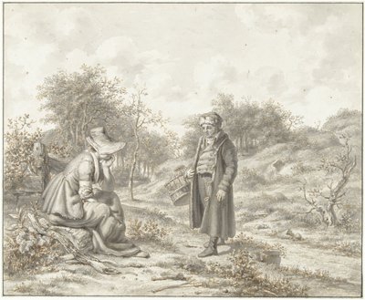 Hügelige Landschaft mit sitzender Frau und stehendem Mann mit Korb von Jacob Ernst Marcus