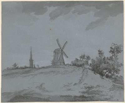 Landschaft mit Windmühle und Kirche auf einem Hügel von Jacob Ernst Marcus