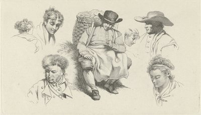 Studienblatt mit Figuren und einem ruhenden Fischverkäufer mit Pfeife von Jacob Ernst Marcus