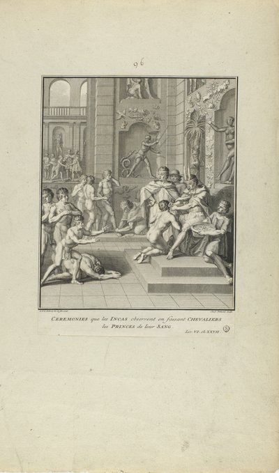 Zeremonien, die die Inkas beim Rittermachen der Prinzen ihres Blutes beobachten (aus dem Buch, Histoire des Yncas...etc.) von Jacob Folkema