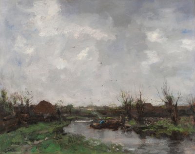 Eine Flusslandschaft mit Bauernhäusern, späte 1870er Jahre von Jacob Henricus or Hendricus Maris