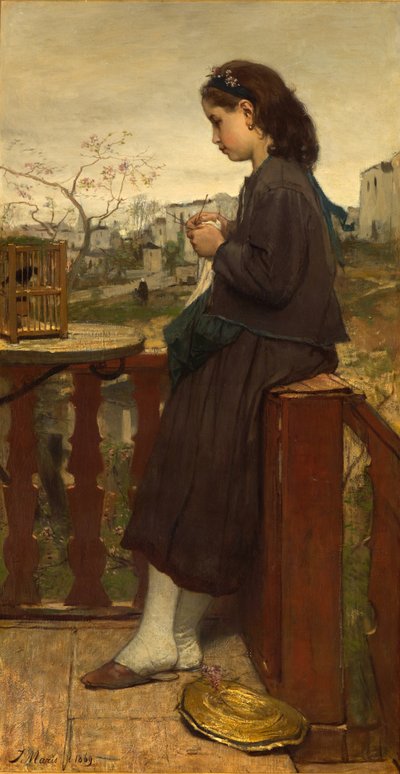 Mädchen strickt auf dem Balkon, Montmartre, 1869 von Jacob Henricus or Hendricus Maris