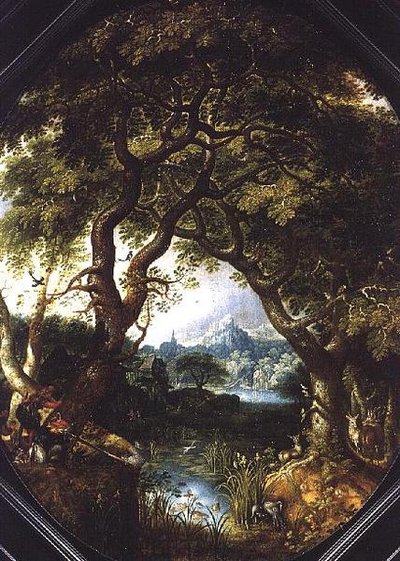 Waldlandschaft mit Jägern an einem Bach von Jacob I Savery