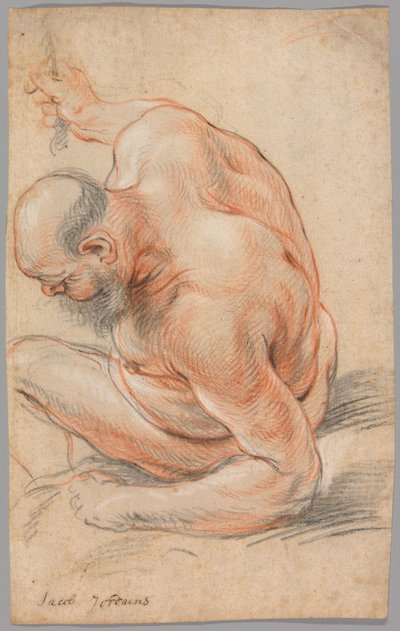 Nackter alter Mann, sitzend, auf seinen Unterarm gestützt, nach links gewandt von Jacob Jordaens