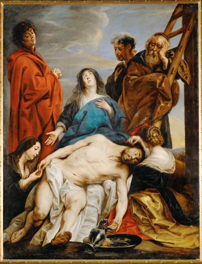 Pieta. Heilige Maria hält den Körper Christi auf ihren Knien, Maria Magdalena zieht Dornen aus Christi Stirn, Maria Salome küsst seine Hand von Jacob Jordaens