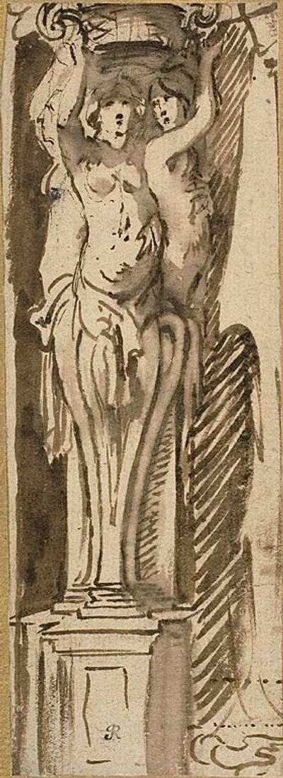 Drei Karyatiden, die einen Korb tragen von Jacob Jordaens