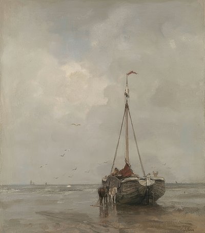 Fischerboot mit breitem Bug am Strand von Scheveningen von Jacob Henricus or Hendricus Maris