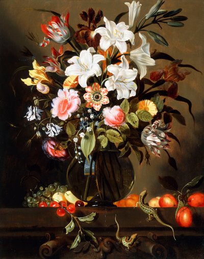 Ein Blumenstrauß mit Früchten und zwei Sand-Eidechsen auf einem Steinsims, 1647 von Jacob Marrel
