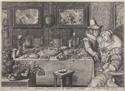 Junges Paar an einem reich gedeckten Tisch von Jacob Matham (workshop of)