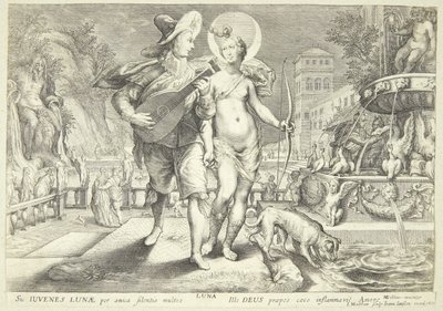 Diana als Luna begleitet von einem jungen Musiker von Jacob Matham