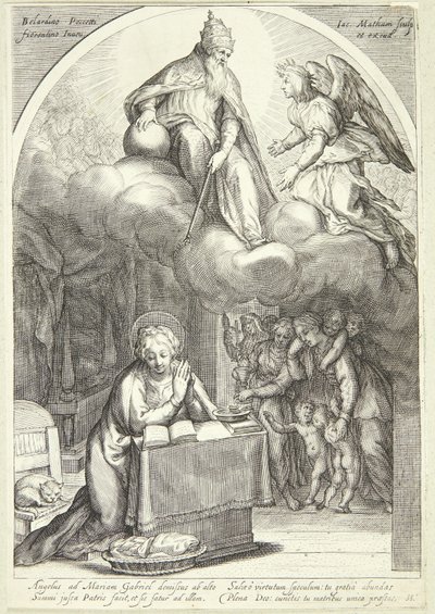 Der Herr und Gabriel erwarten die Verkündigung, Maria kniend unten von Jacob Matham