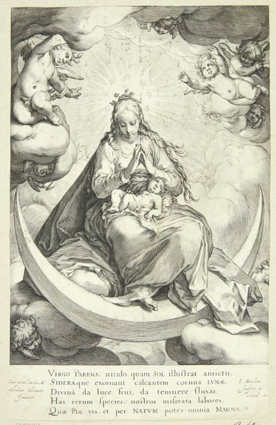 Jungfrau Maria mit dem Jesuskind auf der Mondsichel, umgeben von Engeln von Jacob Matham