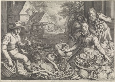 Marktszene und die Rast auf der Flucht nach Ägypten von Jacob Matham