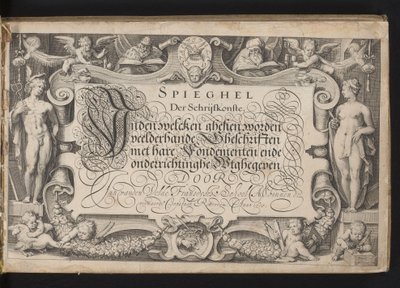 Titelblatt mit allegorischem Rahmen und kalligrafiertem Titel von Jacob Matham