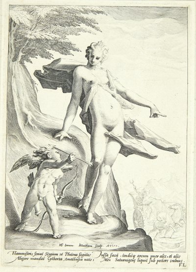 Venus befiehlt Amor, einen Pfeil auf Pluto zu schießen von Jacob Matham