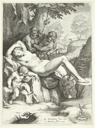 Venus und Amor schlafen und werden von Satyrn beobachtet von Jacob Matham