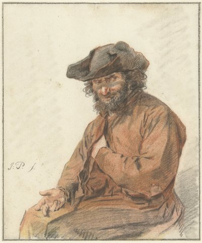 Sitzender Mann mit langen lockigen Haaren und schwarzem Hut von Jacob Perkois
