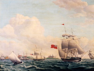 Schiffe segeln durch die Öresundstraße zwischen Schweden und Dänemark mit dem Schloss Kronborg im Hintergrund von Jacob Petersen