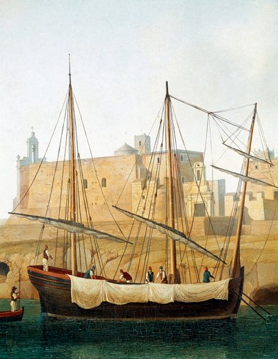 Ansicht eines Schiffes im Hafen von Monopoli, Apulien, Italien von Jacob Philippe Hackert