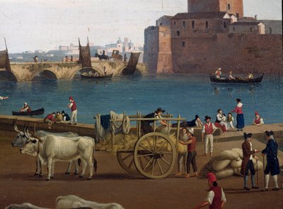 Ansicht des Hafens von Taranto (Tarent) in Italien im 18. Jahrhundert. Hafenarbeiter entladen die Waren, von Ochsen gezogene Karren von Jacob Philippe Hackert