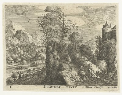 Landschaft mit Reisenden auf steilem Felsen von Jacob Savery (I)