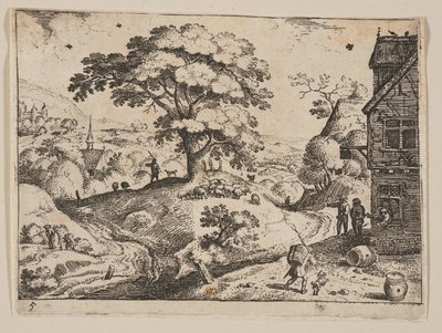 Gasthaus rechts der Straße vor dem Dorf, aus Landschaften von Jacob Savery I