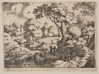Pfad zwischen Sumpf und bewaldetem Ufer, aus Landschaften von Jacob Savery I
